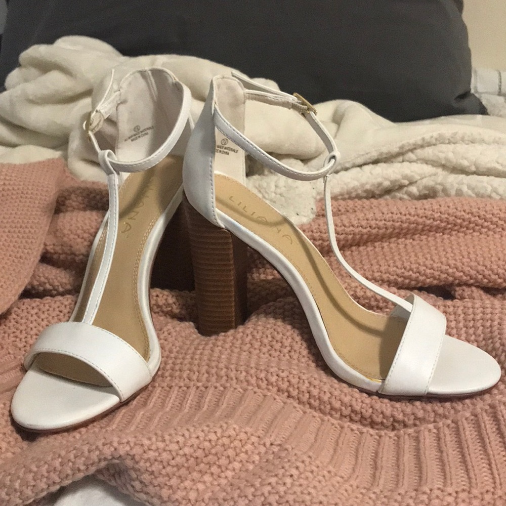 White strapped heels with chunky brown block heel